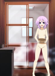 1girls barefoot bathroom breasts bucket censored color cpu_(neptunia) female female_only flat_chest goddess mouth_open naked neptune_(neptunia) neptunia_(series) nipples nude nude_female purple_eyes purple_hair short_hair short_purple_hair sink small_breasts smile steam video_games