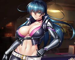 1girls abdomen belt blue_hair bra choker cleavage clothing female female_only fit fit_female igawa_asagi igawa_asagi_(clone) kagami_hirotaka kunoichi leather leather_jacket leather_pants midriff pink_bra revealing_clothes solo solo_female tagme taimanin_(series) taimanin_asagi taimanin_rpgx thong whale_tail