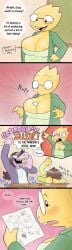 1boy 2girls absurd_res accidental_exposure alphys angry areola_slip big_breasts breasts cleavage comic cool_s deep_cleavage deltarune desk drawing embarrassed english english_text exposed_breasts female funny glasses hi_res kris_(deltarune) laughing lizard male nipple_slip paper perpleon purple_body sketch susie_(deltarune) sweat sweatdrop teacher text undertale undertale_(series) video_games yellow_body