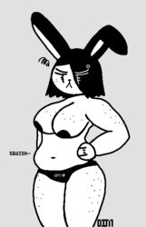 annoyed anthro belly bev_(dimsun) big_belly clothed clothing dimsun female freckles lagomorph leporid mammal monochrome navel rabbit slightly_chubby solo topless