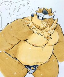 2021 absurd_res anthro balls belly big_belly brown_body brown_fur canid canine clothing duo flaccid fur genitals hi_res japanese_text kemono male mammal moobs nipples overweight overweight_male penis raccoon_dog simple_background small_penis suishou0602 tanuki text underwear