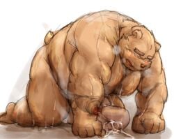 2020 anthro balls belly big_belly blush bodily_fluids brown_body brown_fur cum cum_on_ground edit ejaculation erection fur genital_fluids genitals hi_res kemono kotobuki male mammal overweight overweight_anthro overweight_male penis solo sweat uncensored ursid