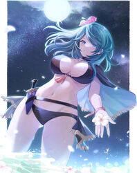 1girls 23@5 alternate_costume aqua_eyes aqua_hair bangs bare_thighs belly_button big_chest bikini black_bikini black_swimsuit black_swimwear blue_eyes blue_hair blush breasts byleth_(fire_emblem) byleth_(fire_emblem)_(female) byleth_(summer)_(fire_emblem)_(female) capelet clouds color colored commentary_request cowboy_shot dark_sky eyebrows female female_only fire_emblem fire_emblem:_three_houses fire_emblem_heroes flower flowing_hair from_below full_moon grin groin hair_flower hair_ornament happy_female highres holding holding_flower holster holstered_weapon hourglass_figure knife large_breasts long_hair looking_at_viewer looking_down medium_hair moon navel night night_sky nintendo official_alternate_costume outdoors outside pale pale-skinned_female pale_skin pink_flower reaching_out smile solo standing stars stomach swimsuit thick_thighs thighs underboob water weapon_holster wet white_flower wind