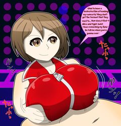 1boy 1girls action_lines alolanfirestone alternate_breast_size big_breasts breasts brown_eyes brown_hair cleavage clothed_paizuri collarbone dialogue english_text engulfing_paizuri female highres huge_breasts large_breasts male meiko neon_lights paizuri paizuri_under_clothes red_clothing shiny_clothes smile sound_effects straight text tight_clothing vocaloid zipper