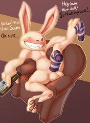 anthro azura_inalis balls black_eyes blush bottle casual chair clothing dialogue english_text footwear fur furniture furry furry_only genitals genitalwear grin hi_res holding_bottle holding_object lagomorph leporid long_ears lounging male male_only mammal max_(sam_and_max) navel one_eye_closed pawpads penis pink_pawpads rabbit sam_and_max sharp_teeth smile sock_on_cock socks solo spread_legs spreading teeth text white_body white_fur wink