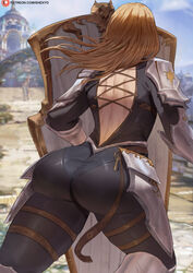 armor ass back back_cutout black_bodysuit blonde_hair blue_sky blurry blurry_background bodysuit clothing_cutout cloud criss-cross_back-straps dark_blonde dark_blonde_hair dirty_blonde dirty_blonde_hair facing_away female from_behind huge_ass image kisara_(tales) leg_armor long_hair outdoors patreon_username pauldrons sandy_blonde sandy_blonde_hair see-through shexyo shield shoulder_armor sky solo tales_of_(series) tales_of_arise thighs