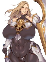 abs armor big_breasts blonde_hair bodysuit cameltoe curvy female female_only huge_breasts hyper_breasts kisara_(tales) mature mature_female musclegut muscular muscular_female natedecock simple_background sword tales_of_(series) tales_of_arise venus_body voluptuous weapon white_background wide_hips