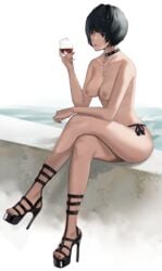 1girls atlus beach blue_hair breasts choker fingernails high_heels j@ck mature mature_female mature_woman megami_tensei nail_polish necklace open_toe_shoes painted_toenails persona persona_5 red_nail_polish red_nails red_toenail_polish red_toenails sitting tae_takemi toenail_polish toenails white_background wine