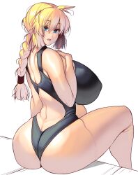 ahoge ass_cleavage big_ass big_breasts black_swimsuit blonde_hair blue_eyes braid braided_hair butt_crack female female_only freckles huge_ass huge_breasts long_hair looking_at_viewer looking_back masao one-piece_swimsuit original sideboob single_braid sitting smile swimsuit thick_thighs