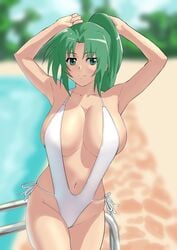 07th_expansion 1girls alternate_breast_size armpits arms_behind_head arms_up big_breasts blush breasts busty casual_one-piece_swimsuit child_bearing_hips cleavage day female female_only green_eyes green_hair highres higurashi_no_naku_koro_ni hips iwao178 large_breasts long_hair looking_at_viewer mion_sonozaki navel one-piece_swimsuit outdoors ponytail pool pose seductive seductive_smile sensual sexy_armpits shiny shiny_hair smile solo standing swimsuit thick_thighs voluptuous water white_swimsuit