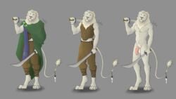 16:9 4k absurd_res anthro armor bottomwear cloak clothing felid foreskin fur genitals green_eyes hi_res humanoid_genitalia joerat lion male mammal mane medieval melee_weapon model_sheet nude off/on pantherine pants penis pubes solo sword weapon white_body white_fur white_mane widescreen