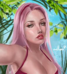 1girls armpits bikini boruto:_naruto_next_generations cleavage clothed clothing detailed_background female female_focus female_only fully_clothed green_eyes headband light-skinned_female light_skin lipstick long_hair makeup mature mature_female melleon milf naruto naruto_(series) naruto_shippuden nature partially_clothed pink_hair pink_lips pink_lipstick pinup realistic red_bikini red_swimsuit revealing_clothes sakura_haruno selfie shounen_jump small_breasts solo solo_female solo_focus swimsuit voluptuous