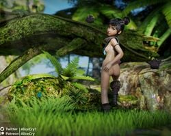 alicecry black_hair blue_eyes breasts casual clothed dark_skin female footwear human kena:_bridge_of_spirits kena_(character) nature neckwear partially_clothed rot_(kena)