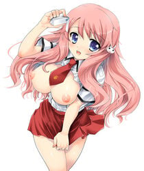 1girls baka_to_test_to_shoukanjuu blue_eyes breasts bunny female hair_ornament hairclip himeji_mizuki kurosawa_kiyotaka large_breasts long_hair necktie nipples open_clothes open_mouth open_shirt pink_hair shirt skirt skirt_tug smile solo