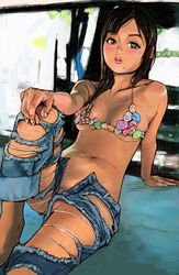 bikini_top blush breasts brown_eyes brown_hair candy hello_project jeans lips long_hair michishige_sayumi morning_musume nipples pubic_hair pussy sayumi_michishige torn_clothes torn_jeans uncensored