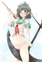 anchor black_hair blush cameltoe green_eyes hat michii_yuuki minamitsu_murasa navel no_pants panties sailor sailor_hat sailor_suit see-through short_hair solo touhou underwear wet wet_clothes