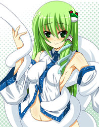 blush breasts consensual_tentacles detached_sleeves erect_nipples frog fumihiro green_eyes green_hair long_hair no_bra sanae_kochiya sideboob snake tear tentacle touhou