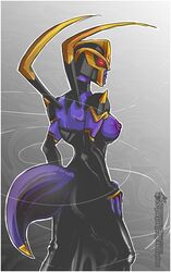 1girls areolae back big_breasts blackarachnia breasts female nipples red_eyes robot solo tail text topless transformers transformers_animated zephony