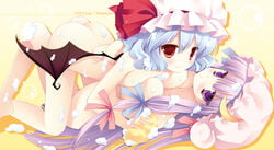 asymmetrical_docking bathing blue_hair bow breast_press breasts collaboration female female_only flat_gaze hairbow hat human long_hair miyasu_risa multiple_females natsume_eri nude patchouli_knowledge purple_eyes purple_hair red_eyes remilia_scarlet short_hair sponge symmetrical_docking the_embodiment_of_scarlet_devil touhou wings yuri