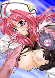 areolae blood breasts caro_ru_lushe cuts earrings erect_nipples fingerless_gloves gloves hat injury jewelry kerykeion large_breasts long_hair lyrical_nanoha mahou_shoujo_lyrical_nanoha mahou_shoujo_lyrical_nanoha_strikers mahou_shoujo_lyrical_nanoha_vivid nipples pink_hair purple_eyes sakura_ryuuken torn_clothes