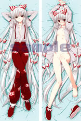 asaba_yuu barefoot beige_skin blush bottomless bow clothes color crossed_legs dakimakura dress_shirt footwear fujiwara_no_mokou hair hair_ribbon hairbow long_hair lying naked_shirt open_clothes open_shirt red_eyes ribbon sample shirt shoes silver_hair single_shoe suspenders tied touhou very_long_hair