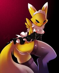 anthro anus ass black_nose black_sclera blue_eyes blush breasts clothes color digimon female female_only fur furry furry_ass furry_breasts furry_ears furry_tail looking_back nancher nipples open_eyes pointy_ears renamon solo tail vulva white_fur yellow_fur