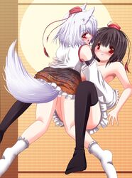 animal_ears black_hair black_legwear blush detached_sleeves feet female hat highres momiji_inubashiri multiple_girls red_eyes shameimaru_aya short_hair silver_hair tail thighhighs tokin_hat touhou white_hair windfeathers wolf_ear wolf_tail yuri