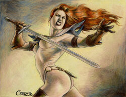 1girls 2010 armor ass bikini_armor breasts chainmail chainmail_bikini color colored cortez dated female female_only gloves holding_object holding_weapon human human_only long_hair marvel marvel_comics red_hair red_sonja red_sonja_(comics) shoulder_pads signature solo straight_hair sword tagme weapon