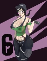 armpit_hair big_breasts body_hair bush cap confused dokkaebi_(rainbow_six) female female_only looking_over_eyewear looking_over_glasses looking_over_sunglasses pants phone pubic_hair purple-tinted_eyewear rainbow_six rainbow_six_siege solo sunglasses sweat sweatdrop sweaty sweaty_breasts tattoo tattoos tinted_eyewear tshirt whitesuffering writing_on_body writing_on_skin