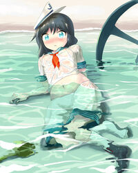 1girls anchor black_hair breasts female footwear green_eyes hat hishaku ladle minamitsu_murasa navel nipples sailor sailor_collar sailor_hat sailor_suit see-through short_hair single_shoe socks solo tottema touhou wet wet_clothes