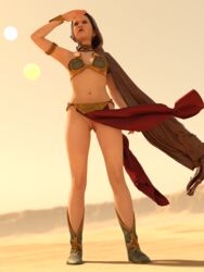 1girls 3d alexbridger arm_up armlet armwear belly_dancer belly_dancer_outfit boots bra bracelet brown_eyes brown_hair cloak clothed_female clothing clothing_aside collar day desert earrings escape female female_only footwear front_view full_body fully_clothed harem_girl harem_outfit hood light-skinned_female light_skin loincloth loincloth_aside metal_bikini neckwear outside piercing princess_leia_organa pussy return_of_the_jedi shaved_pussy shoes slave slave_bikini slave_leia slave_outfit solo standing star_wars tatooine wind