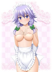 blue_eyes blush braid breasts covering covering_breasts maid_headdress naked_apron nipples sakuya_izayoi short_hair silver_hair sin-go touhou twin_braids