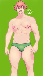 bara bulge gay green_eyes milo_(pokemon) muscle muscular_male nipples pink_hair pokemon pokemon_ss speedo yaoi