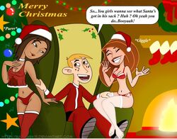 2girls badassk9 bonnie_rockwaller bra christmas closed_eyes disney female human kim_possible kimberly_ann_possible male medium_breasts multiple_girls nipples panties ron_stoppable stockings straight_hair