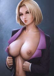 1girls blonde_hair female female_only half-dressed hunter_x_hunter jacket lipstick mature_female medium_hair milf nipples pakunoda pale-skinned_female pale_skin partially_clothed realistic solo tagme yupachu