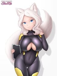 animal_ears anno_dorna blue_eyes breasts tail thick_thighs trials_in_tainted_space white_background white_fur white_hair