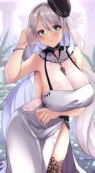 1girls alternate_costume aquila_(a_sip_of_sardegnian_elegance)_(azur_lane) aquila_(azur_lane) azur_lane blush breasts cleavage cocktail_dress dress female female_only green_eyes grey_hair hat highres huge_breasts light-skinned_female light_skin long_hair looking_at_viewer official_alternate_costume sardegna_empire_(azur_lane) see-through side_slit sleeveless smile solo standing wee_(weeyy)