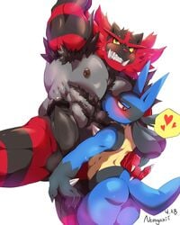 2boys balls bara blush body_hair canid canine claws erection felid feline flameless_incineroar gay genitals hand_on_butt heart hi_res humanoid_genitalia humanoid_penis incineroar lucario lupus5903 male male/male male_only mammal nintendo nipples penis pokemon pokemon_(species) simple_background size_difference video_games white_background yaoi