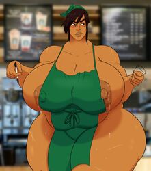 1girls anne_(owlizard) apron bbw chubby chubby_female dark-skinned_female dark_nipples dark_skin huge_breasts iced_latte_with_breast_milk looking_away meme naked naked_apron nipple_bulge nipples overweight overweight_female owlizard plump short_hair voluptuous wide_hips