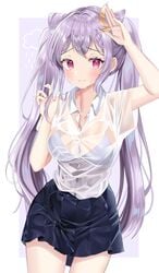 1girls blush bra breasts embarrassed genshin_impact kaho keqing_(genshin_impact) purple_eyes purple_hair see-through see-through_clothing skirt soaked_clothes twintails wet wet_clothes