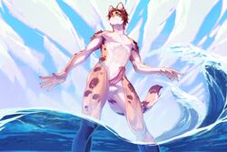 3:2 abs anthro balls beach biceps cloud digital_media_(artwork) erection felid feline fur genitals grin hi_res male mammal muscular muscular_anthro muscular_male nipples nude outside penis rokito sea seaside serval shaded sitting sky smile solo water wave