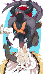 2021 anthro anthro_on_anthro balls bodily_fluids chibi_panda_(buddyfight) colored cum cum_inside cum_on_chest demon_lord_dragon_batzz dragon duo ejaculation from_front_position future_card_buddyfight genital_fluids genitals hair hi_res horn leg_grab long_hair looking_pleasured lying male male/male missionary_position moan muscular muscular_anthro muscular_male negger on_back open_mouth orgasm penetration penis red_hair scalie scar sex tongue tongue_out western_dragon wings