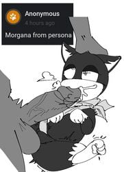 anthro atlus balls black_and_white black_body black_fur bodily_fluids clothing cum cum_in_mouth cum_inside domestic_cat duo ejaculation english_text erection felid feline felis fur genital_fluids genitals male male/male mammal megami_tensei megami_tensei_persona monochrome morgana_(persona) nude oral pb-art pbbaybee penetration penis sex simple_background text unknown_character video_games