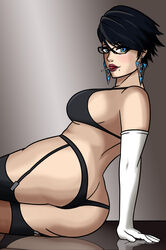 1girls ass ass_cleavage bayonetta bayonetta_(character) bayonetta_2 black_hair booty butt_crack female glasses lingerie lipstick looking_at_viewer pedrocorreia sideboob solo tagme