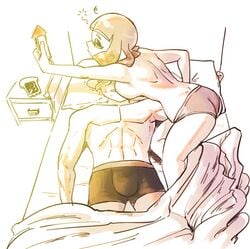 1boy 1boy1girl 1girls abs agent_4_(splatoon) agent_8_(splatoon) blanket breasts_in_face broad_shoulders bulge checking_phone drowsy hotaruman97 in_bed inkling inkling_girl nintendo octoling octoling_boy panties reaching shirtless splatoon splatoon_(series) splatoon_2 sweating underwear waking_up