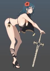 1girls alternate_costume ass bare_arms bare_legs bent_over bikini black_bikini black_footwear blue_hair blush breasts byleth_(fire_emblem) byleth_(fire_emblem)_(female) byleth_(summer)_(fire_emblem)_(female) cape commentary english_commentary fire_emblem fire_emblem:_three_houses fire_emblem_heroes flower full_body halterneck hanging_breasts hibiscus high_heels highres large_breasts legs looking_at_viewer medium_hair mixed-language_commentary neonveov nintendo official_alternate_costume open_toe_shoes purple_eyes sandals shiny shiny_hair shiny_skin side-tie_bikini sideboob simple_background solo standing swimsuit sword sword_of_the_creator toes weapon