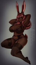 1girls arms_behind_head bunny_ears bunny_tail chubby cupcake992 dark-skinned_female dark_skin female female_only final_fantasy final_fantasy_xiv full_body garter_belt garter_straps hi_res lingerie long_hair looking_at_viewer melanin mole mole_under_mouth red_eyes red_hair red_lipstick smiling smiling_at_viewer solo solo_female stockings thick_thighs viera