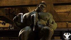 1boy balls bodily_fluids body_hair chest_hair cum cum_cup cum_drip cum_in_cup cum_on_penis dazswole dripping genital_fluids genitals green_body green_skin humanoid leaking_cum male male_only muscular muscular_humanoid muscular_male muscular_thighs nipples orc orc_male penis solo