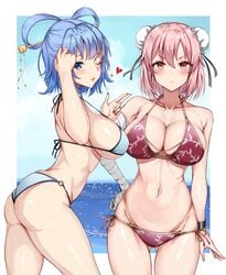 2girls amagi_(amagi626) bandaged_arm bandages beach big_breasts bikini blue_eyes blue_hair blush breasts bun_cover cleavage double_bun female female_only hair_ornament hair_rings hair_stick highres kasen_ibaraki large_breasts looking_at_viewer medium_hair navel ocean pink_eyes pink_hair seiga_kaku sideboob smile swimsuit touhou underboob