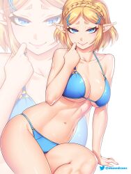 1girls alternate_costume alternate_eye_color big_breasts bikini blonde_hair blue_bikini blue_eyes blush braid breasts cleavage crown_braid elf etchimune female female_only halterneck hand_up large_breasts looking_at_viewer navel nintendo pointy_ears princess_zelda short_hair simple_background sitting smile solo stomach string_bikini swimsuit tears_of_the_kingdom the_legend_of_zelda the_legend_of_zelda:_tears_of_the_kingdom thighs white_background zelda_(tears_of_the_kingdom) zoom_layer